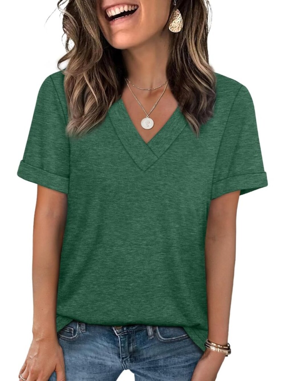🆕Women's Green Summer Tops Short Sleeve Basic Casual V Neck T Shirts Trendy